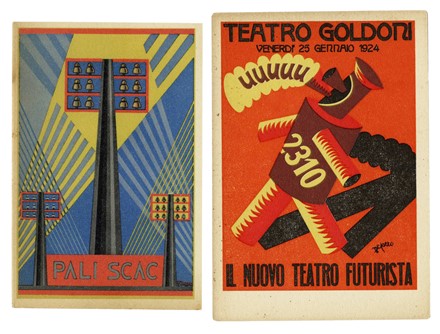  Autori vari : Lotto composto di 1 piccolo manifesto, 1 invito e 13 cartoline futuriste.  Renato Bertelli  (Lastra a Signa, 1900 - Firenze, 1974), Fortunato Depero  (Fondo, 1892 - Rovereto, 1960), Thayaht [pseud. di Michahelles Ernesto]  (Firenze, 1893 - Marina di Pietrasanta, 1959), Anton Giulio Bragaglia  (Frosinone, 1890 - Roma, 1960)  - Asta Arte Antica, Moderna e Contemporanea [parte II] - Libreria Antiquaria Gonnelli - Casa d'Aste - Gonnelli Casa d'Aste