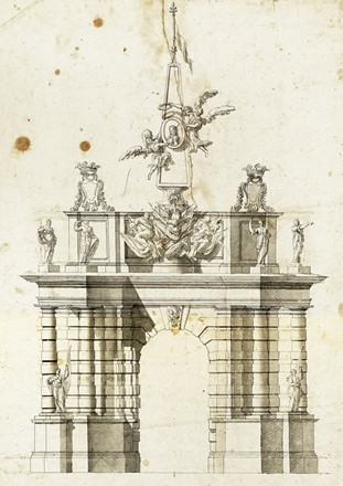  Anonimo del XVIII secolo : Progetto di arco trionfale con trofeo d'armi e condottiero incoronato dalla Fama / Prospetto di altare.  - Asta Arte Antica, Moderna e Contemporanea [parte I] - Libreria Antiquaria Gonnelli - Casa d'Aste - Gonnelli Casa d'Aste