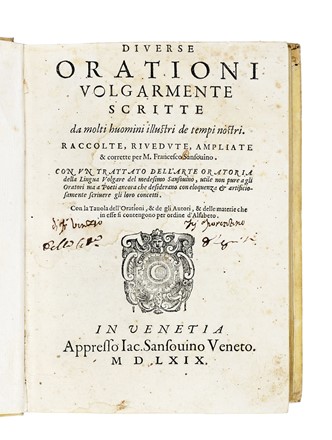  Sansovino Francesco : Diverse orationi volgarmente scritte da molti huomini illustri de tempi nostri... Letteratura italiana, Letteratura  - Auction Libri, Autografi e Manoscritti - Libreria Antiquaria Gonnelli - Casa d'Aste - Gonnelli Casa d'Aste