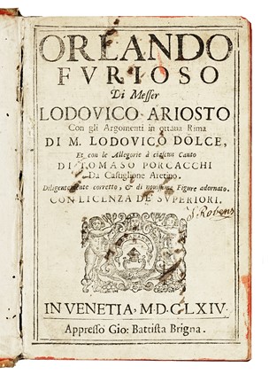  Ariosto Ludovico : Orlando furioso [...] Con gli Argomenti in ottava Rima di M. Lodovico Dolce, et con le allegorie a ciascun canto, di Tomaso Porcacchi. [...] & di nouissime figure adornato... Letteratura italiana, Figurato, Letteratura, Collezionismo e Bibliografia  Lodovico Dolce, Tommaso Porcacchi  - Auction Libri, Autografi e Manoscritti - Libreria Antiquaria Gonnelli - Casa d'Aste - Gonnelli Casa d'Aste