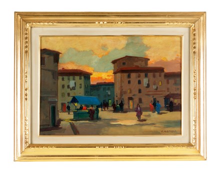  Renato Natali  (Livorno, 1883 - 1979) : Piazza Cavallotti - Mercato movimentato.  - Asta Arte Antica, Moderna e Contemporanea - Libreria Antiquaria Gonnelli - Casa d'Aste - Gonnelli Casa d'Aste