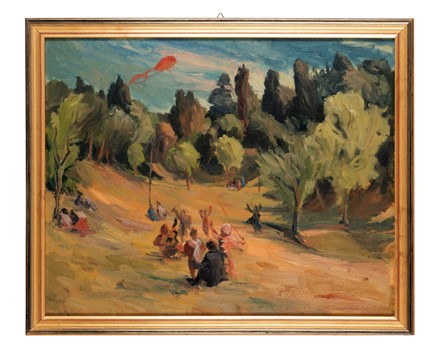  Lino Bianchi Barriviera  (Montebelluna, 1906 - Acilia, 1985) : Paesaggio con figure e aquilone.  - Asta Arte Antica, Moderna e Contemporanea - Libreria Antiquaria Gonnelli - Casa d'Aste - Gonnelli Casa d'Aste