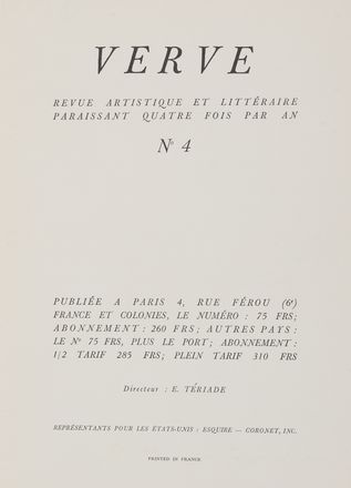 Verve revue artistique et littéraire, n. 4.  Vittore Carpaccio, Henri Matisse  (Le Cateau-Cambrsis, 1869 - Nizza, 1954), Georges Rouault  (Paris, 1871 - 1958)  - Asta Libri, Manoscritti e Autografi - Libreria Antiquaria Gonnelli - Casa d'Aste - Gonnelli Casa d'Aste