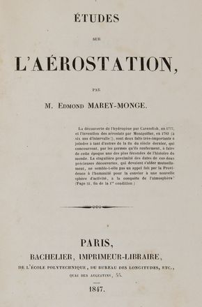  Marey-Monge Edmond : Etudes sur l'Aerostation.  - Asta Libri, Manoscritti e Autografi - Libreria Antiquaria Gonnelli - Casa d'Aste - Gonnelli Casa d'Aste