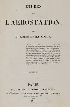  Marey-Monge Edmond : Etudes sur l'Aerostation. Aeronautica, Scienze tecniche e matematiche  - Auction BOOKS, MANUSCRIPTS AND AUTOGRAPHS - Libreria Antiquaria Gonnelli - Casa d'Aste - Gonnelli Casa d'Aste