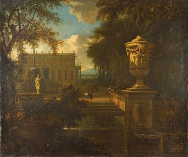  Isaac De Moucheron  (Amsterdam,  - 1744) : Paesaggio con architetture e personaggi  - Asta Fotografie, Dipinti e Sculture - Libreria Antiquaria Gonnelli - Casa d'Aste - Gonnelli Casa d'Aste