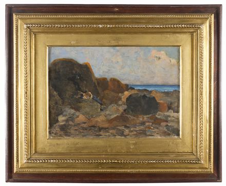  Alfonso Holl�nder  (Ratisbona, 1845 - Firenze, 1923) : Marina con scogli e figura che legge  - Auction Photographs, Paintings and Sculptures - Libreria Antiquaria Gonnelli - Casa d'Aste - Gonnelli Casa d'Aste