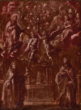  Pietro Sorri  (San Gusm, 1556 - Siena, 1621) [attribuito a] : Santi, Vergine e Angeli in adorazione dell'Eucaristia  - Asta Fotografie, Dipinti e Sculture - Libreria Antiquaria Gonnelli - Casa d'Aste - Gonnelli Casa d'Aste