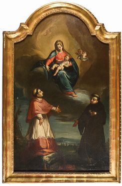  Scuola italiana del XVII secolo : Madonna con Bambino, San Carlo Borromeo e San Nicola da Tolentino  - Asta Fotografie, Dipinti e Sculture - Libreria Antiquaria Gonnelli - Casa d'Aste - Gonnelli Casa d'Aste