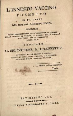  Sacco Luigi : Trattato di vaccinazione con osservazioni sul giavardo e vajuolo pecorino del dottore Luigi Sacco [...] Con quattro tavole miniate.  Lorenzo Ponza, Ignazio Lotti  - Asta Libri, Manoscritti e Autografi - Libreria Antiquaria Gonnelli - Casa d'Aste - Gonnelli Casa d'Aste