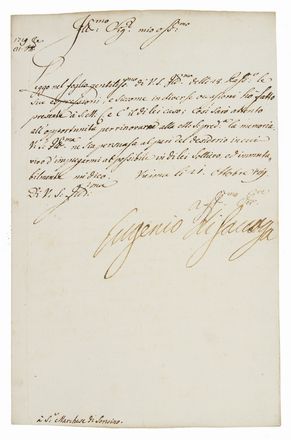  Eugenio di Savoia - Principe di Savoia-Carignano : 2 manoscritti con firma autografa, uno inviato al Marchese di Soncino, l?altro ad un Colonnello ? Cavaliere di Malta - di Casale Monferrato.  - Asta Libri, Manoscritti e Autografi - Libreria Antiquaria Gonnelli - Casa d'Aste - Gonnelli Casa d'Aste