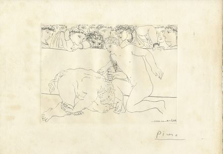  Pablo Picasso  (Malaga, 1881 - Mougins, 1973) : Minotaure vaincu.  - Asta Stampe, disegni, carte geografiche e vedute - Libreria Antiquaria Gonnelli - Casa d'Aste - Gonnelli Casa d'Aste