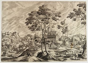  Hans Bol  (Malines, 1534 - Amsterdam, 1593) : Lotto di 2: Paesaggio con armenti, pastore e figure/Paesaggio con due pastori e maiali.  - Asta Stampe, disegni, carte geografiche e vedute - Libreria Antiquaria Gonnelli - Casa d'Aste - Gonnelli Casa d'Aste