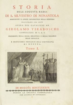  Tiraboschi Girolamo : Storia dell'augusta Badia di S. Silvestro di Nonantola aggiuntovi il codice diplomatico della medesima...  Carlo Antonini  (1740 - 1821), Giovanni Pitteri, Giuliano Zuliani, Gianantonio Zuliani  ( - 1831)  - Asta Manoscritti, Incunaboli, Autografi e Libri a stampa - Libreria Antiquaria Gonnelli - Casa d'Aste - Gonnelli Casa d'Aste