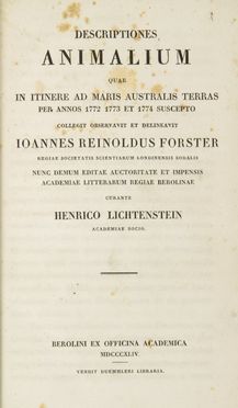  Forster Johann Reinhold : Descriptiones animalium quae in itinere ad maris australis terras per annos 1772 1773 et 1774 suscepto collegit observavit et delineavit... Scienze naturali, Zoologia, Scienze naturali  Hinrich Lichtenstein  - Auction Manuscripts, Incunabula, Autographs and Printed Books - Libreria Antiquaria Gonnelli - Casa d'Aste - Gonnelli Casa d'Aste