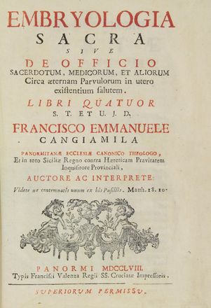 Embryologia sacra sive de officio sacerdotum, medicorum, et aliorum circa aeternam Parvolorum in utere existentium salutem. Libri quatuor...  - Asta Manoscritti, Incunaboli, Autografi e Libri a stampa - Libreria Antiquaria Gonnelli - Casa d'Aste - Gonnelli Casa d'Aste