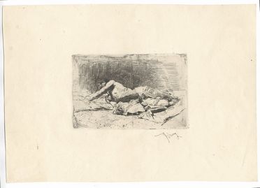  Mariano Fortuny y Marsal  (Tarragona, 1838 - Roma, 1874) : Uomo disteso al suolo (Il moribondo).  - Auction Prints and Drawings - Libreria Antiquaria Gonnelli - Casa d'Aste - Gonnelli Casa d'Aste