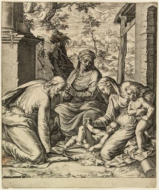 Cornelis Cort  (Hoorn, 1533 - Roma, 1578) : Sacra famiglia.  Federico Zuccari  (Sant'Angelo in Vado, 1539 - Ancona, 1609)  - Asta Stampe e Disegni - Libreria Antiquaria Gonnelli - Casa d'Aste - Gonnelli Casa d'Aste