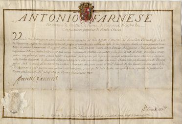 Patente di cappellano d'onore e passaporto con firma di Antonio Farnese.  - Asta LIBRI, MANOSCRITTI, STAMPE E DISEGNI - Libreria Antiquaria Gonnelli - Casa d'Aste - Gonnelli Casa d'Aste