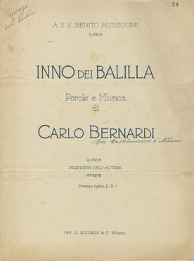 Inno del Balilla. Musica, Spartiti - libretti, Fascismo, Musica, Teatro, Spettacolo, Musica, Teatro, Spettacolo, Storia, Diritto e Politica  - Auction BOOKS, MANUSCRIPTS, PRINTS AND DRAWINGS - Libreria Antiquaria Gonnelli - Casa d'Aste - Gonnelli Casa d'Aste