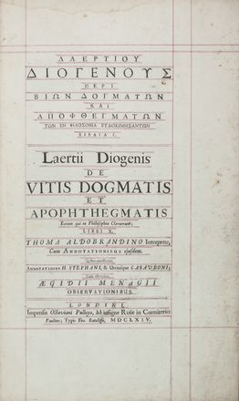  Diogenes Laertius : De vitis dogmatis et apophthegmatis eorum qui in philosophia claruerunt... Filosofia  - Auction Manuscripts, Books, Autographs, Prints & Drawings - Libreria Antiquaria Gonnelli - Casa d'Aste - Gonnelli Casa d'Aste