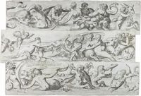 Fregi di tritoni marini, glauchi, sirene, amori, mostri, delfini.