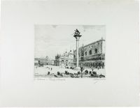 Due vedute di Venezia: Colonna e Palazzo Ducale. Ponte votivo della Salute.