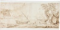 Paesaggio con marina, figure e barche (da C. Lorrain?).