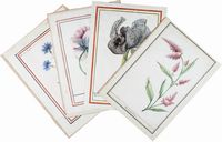 Lotto composto di 4 disegni su carte sciolte. Amaranthus, Iris, Cyanus segetum, Peonia.