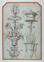 Studi di cornici, candelabre, braciere e un vaso (recto e verso).