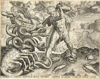 Indefessa gerens redivivis bella colubris Argolis ad Lernae tunditur Hydra Vadum. Ercole e l'Hydra di Lerna.