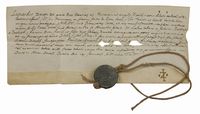 Documento pergamenaceo con sigillo in piombo 'Leonardus Donato'.