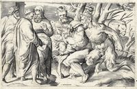 Due satiri conducono Sileno alla presenza di re Mida. Da Perin del Vaga.