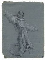 Santo francescano inginocchiato con le braccia alzate.