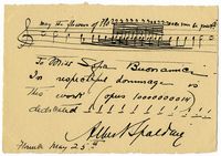 Biglietto autografo, firmato del celebre violinista e compositore statunitense. Con citazione musicale.
