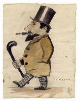 Caricatura di personaggio con cilindro e bastone.