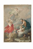 Scena mitologica con divinit fluviale e ninfa, Cupido, e Diana fra le nuvole.