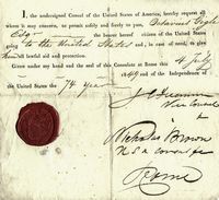 Passaporto per gli Stati Uniti d'America rilasciato durante la Repubblica Romana da Nicholas Brown (con sua annotazione e firma autografa).