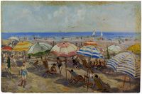 Spiaggia con ombrelloni.