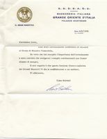 Lettera con firma autografa insieme a una copia di lettera a firma di Lino Salvini, Gran Maestro del Grande Oriente d'Italia.