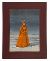 Figura femminile con colbacco sotto la neve.