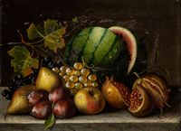 Natura morta con cocomero e frutta.