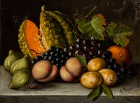 Natura morta con zucca e frutta.