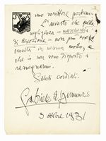 Lettera autografa firmata inviata al Comm. Giovanni Rizzo.