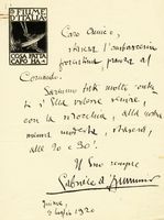 Signed autograph letter sent to Riccardo Gigante, mayor of Fiume.