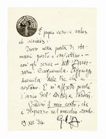Lettera autografa siglata inviata a Letizia De Felici.
