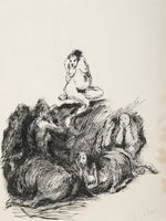Scenografia con nudo di donna e cavalli.