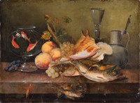 Fish, peaches, a goldfish bowl and a jug on a ledge.