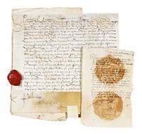 Documento pergamenaceo con firma autografa, legato con antico spago ad altri 5 documenti.