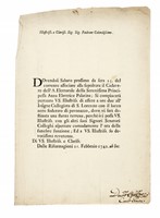 Lettera a firma di Carlo Ginori per l?ammissione all'Accademia Etrusca di cui diventer Lucumone nel 1756.